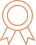 Icône minimaliste d'une médaille ou rosette d'honneur, un cercle avec deux rubans pendants. Représente qualité, récompense, succès.