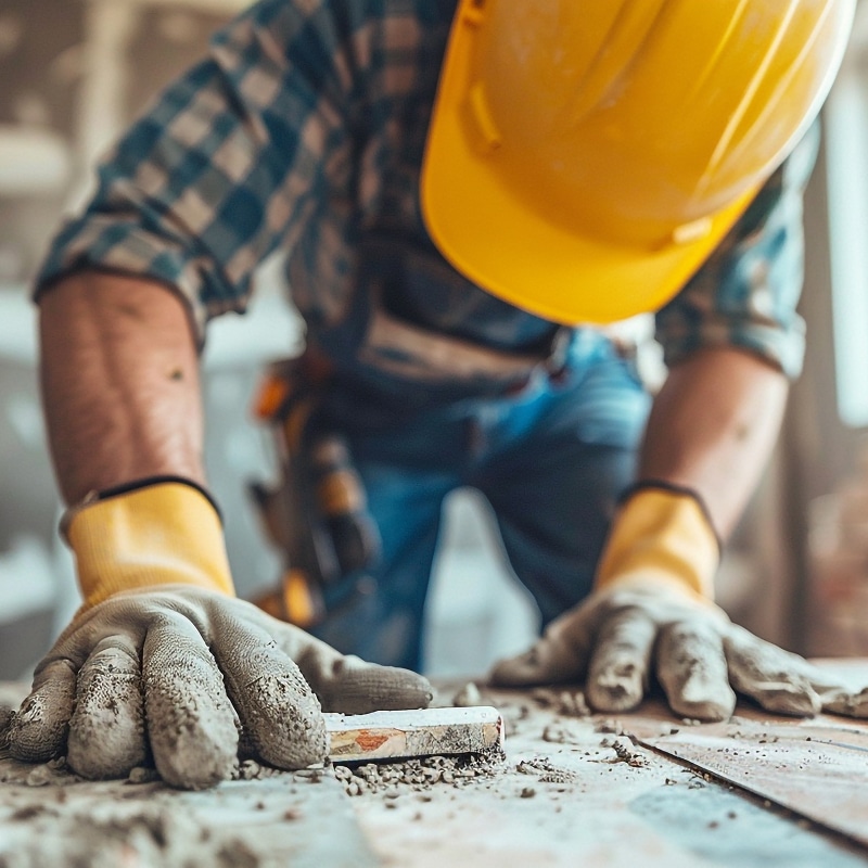 Ouvrier BTP en casque et gants sales, mains sur surface poussiéreuse. Travail de nettoyage sur chantier de rénovation.