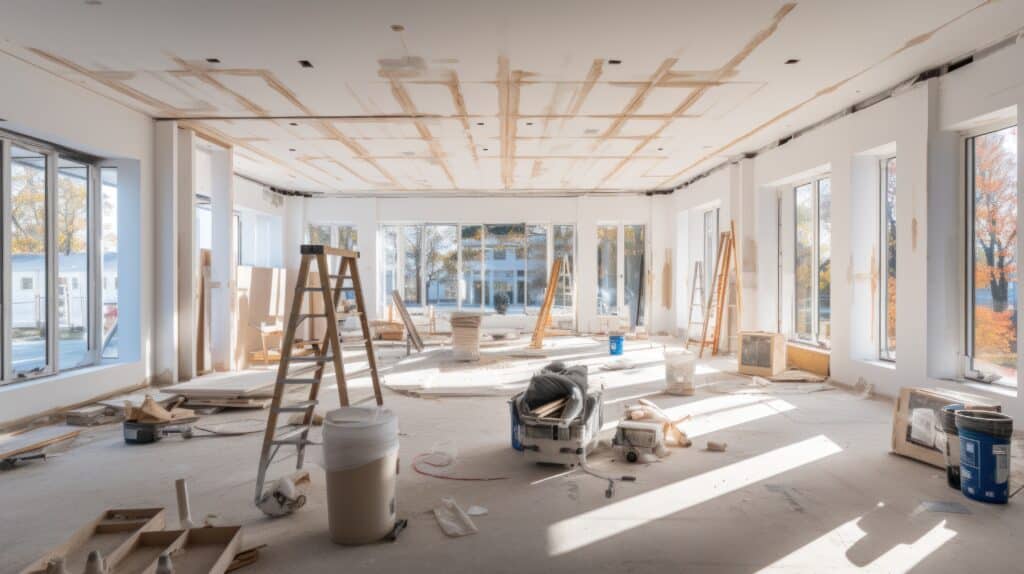 Grande pièce lumineuse en rénovation, avec plafond et sol bruts, grandes fenêtres, échelles et matériaux de construction. Lumière naturelle abondante.